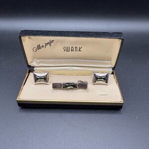 Vintage Swank Cufflinks Tie Bar Set Green Stone Silver Tone Mens w Box Retro
